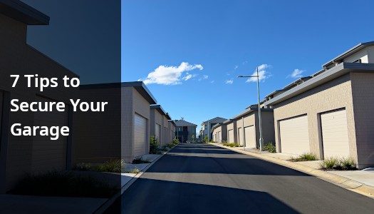 Australian garages along a street. A text overlay appears that says "7 tips to secure your garage".