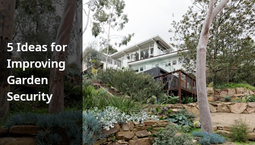 Australian garden with lots of plants. There is a text overlay that says "5 ideas for improving garden security".